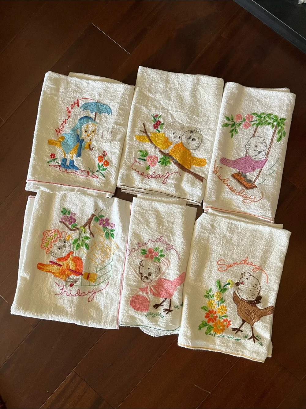 Bird Days of the Week Flour Sack Towels Embroidered Vintage